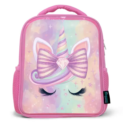 Eenhoorn - Glitters - Regenboog - Pastel Kinderrugzak - Roze middel -3d
