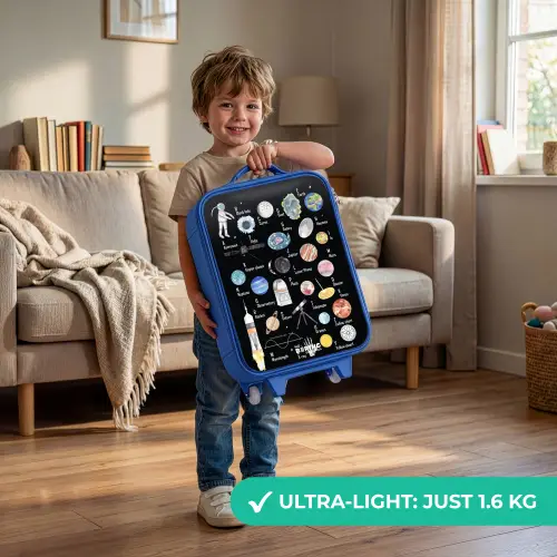 Alfabet in ruimte thema Kinderkoffer - Blauw klein -sfeer2_EN