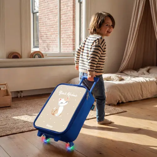 Kat omringd door beige stippen Kinderkoffer - Blauw klein -sfeer1