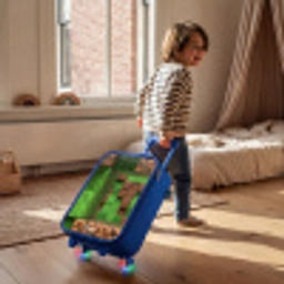 Close-up met pixelachtige blokken Kinderkoffer - Blauw klein -sfeer1