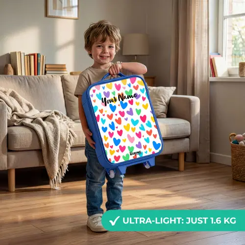 Gekleurde hartjes Kinderkoffer - Blauw klein -sfeer2_EN