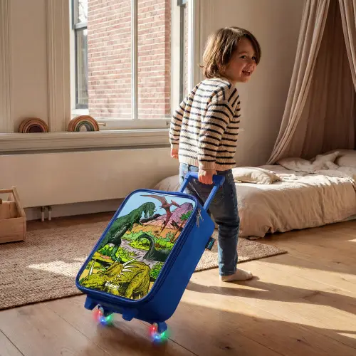 Dino's bij een vulkaan Kinderkoffer - Blauw klein -sfeer1