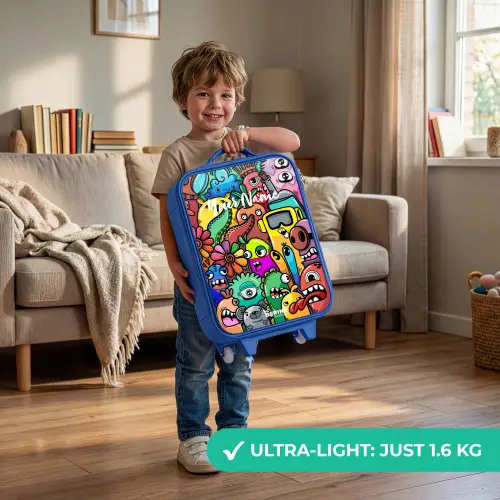 Expressief en druk patroon met monsters Kinderkoffer - Blauw klein -sfeer2_EN