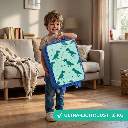Vriendelijke T. rex tussen sporen Kinderkoffer - Blauw klein -sfeer2_EN