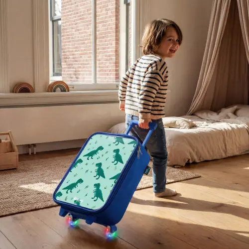 Vriendelijke T. rex tussen sporen Kinderkoffer - Blauw klein -sfeer1