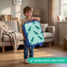 Vriendelijke T. rex tussen sporen Kinderkoffer - Blauw klein -sfeer2_EN