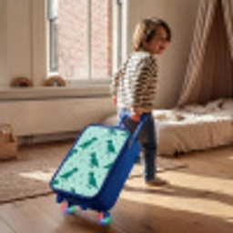 Vriendelijke T. rex tussen sporen Kinderkoffer - Blauw klein -sfeer1