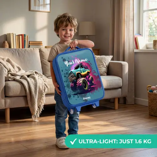 Monster Wheels Kinderkoffer - Blauw klein -sfeer2_EN