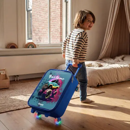 Monster Wheels Kinderkoffer - Blauw klein -sfeer1