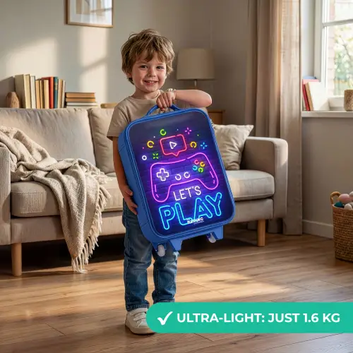 Neoncontroller tegen een bakstenen muur Kinderkoffer - Blauw klein -sfeer2_EN