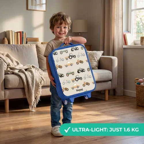 Retro voertuigen patroon Kinderkoffer - Blauw klein -sfeer2_EN