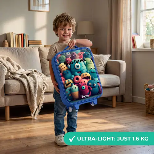 Zachte en bolle monsters Kinderkoffer - Blauw klein -sfeer2_EN