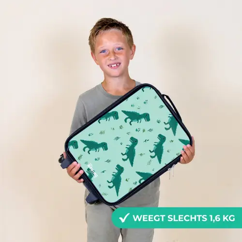 Vriendelijke T. rex tussen sporen Kinderkoffer - Zwart klein -sfeer4_NL