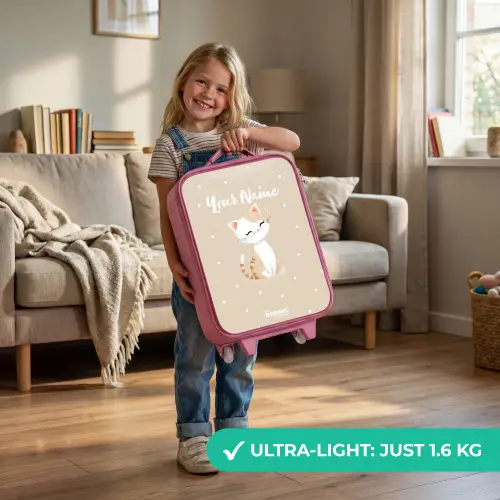 Kat omringd door beige stippen Kinderkoffer - Roze klein -sfeer2_EN