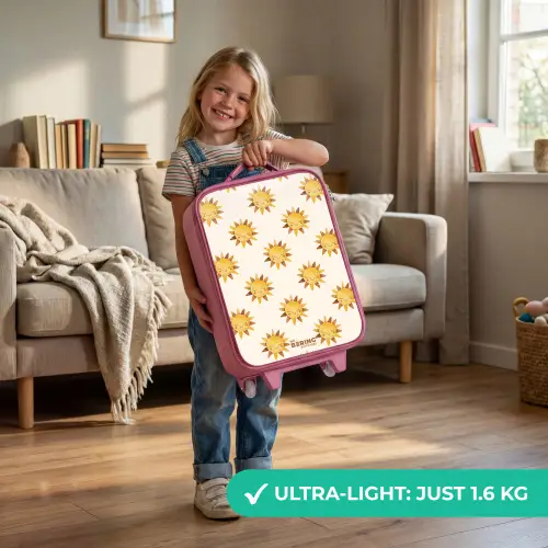 Lachende zonnetjes als patroon op beige achtergrond Kinderkoffer - Roze klein -sfeer2_EN
