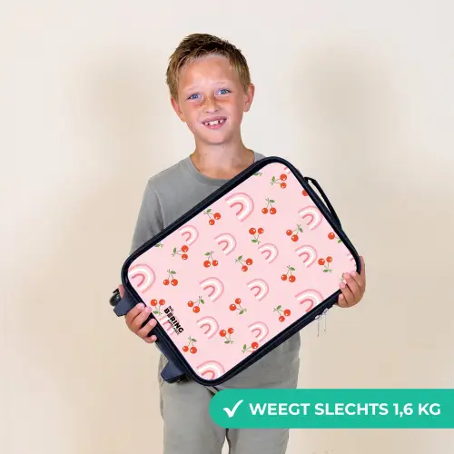 Roze met regenboog en kersen patroon Kinderkoffer - Zwart klein -sfeer4_NL
