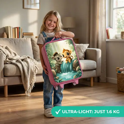 Zebra - Aapje - Waterval - Rotsen Kinderkoffer - Roze klein -sfeer2_EN