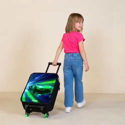Raceauto - Felgroen - Lichtstralen - Snelheid Kinderkoffer - Zwart klein -sfeer1