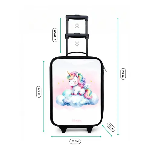 Eenhoorn met regenboogmanen op een wolk Kinderkoffer - Zwart klein -productfoto_formaten