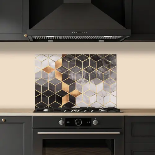 Abstract - Kubus - Goud - Patronen - Zwart - Wit keuken achterwand spatscherm klein -sfeer1