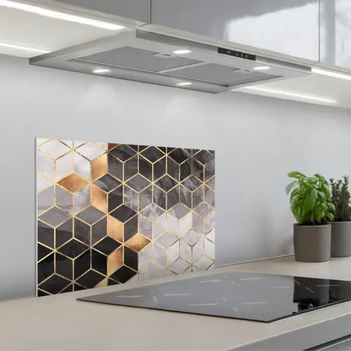Abstract - Kubus - Goud - Patronen - Zwart - Wit keuken achterwand spatscherm klein -3d_schuin
