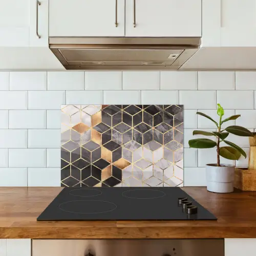 Abstract - Kubus - Goud - Patronen - Zwart - Wit keuken achterwand spatscherm klein -sfeer2