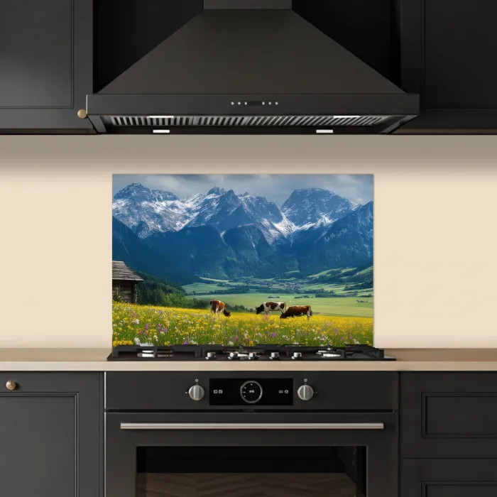 Alpen - Weide - Bergen - Koeien keuken achterwand spatscherm klein -sfeer1