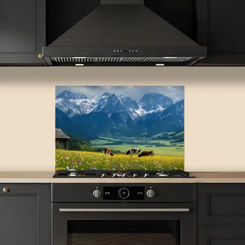 Alpen - Weide - Bergen - Koeien keuken achterwand spatscherm klein -sfeer1