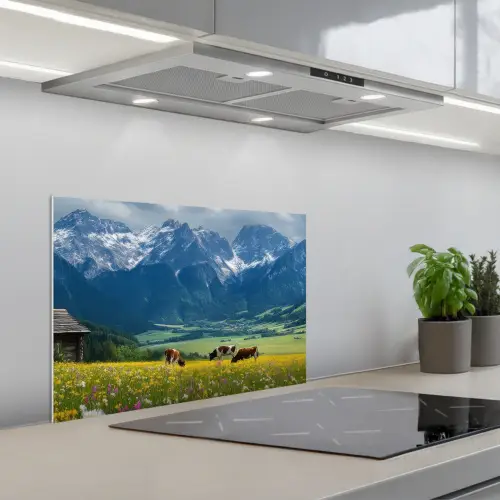 Alpen - Weide - Bergen - Koeien keuken achterwand spatscherm klein -3d_schuin