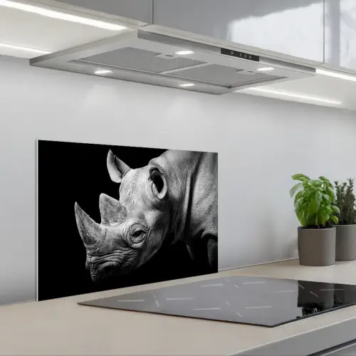 Dieren - Neushoorn - Zwart - Wit - Portret keuken achterwand spatscherm klein -3d_schuin