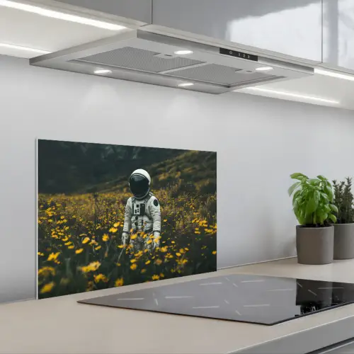 Astronaut - Bloemen - Veld - Geel keuken achterwand spatscherm klein -3d_schuin