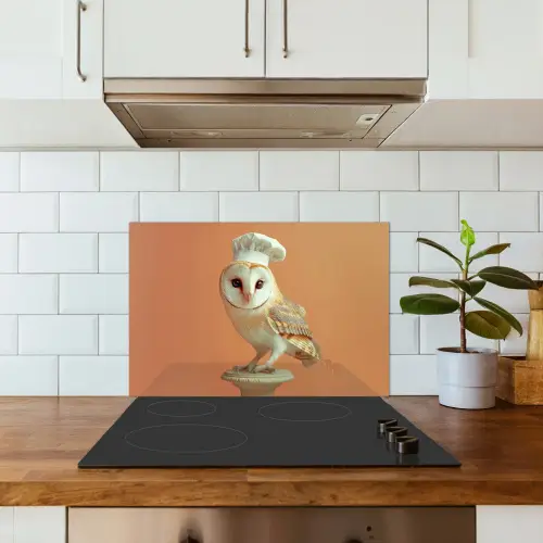 Kerkuil - Koksmuts - Oranje - Vogel keuken achterwand spatscherm klein -sfeer2