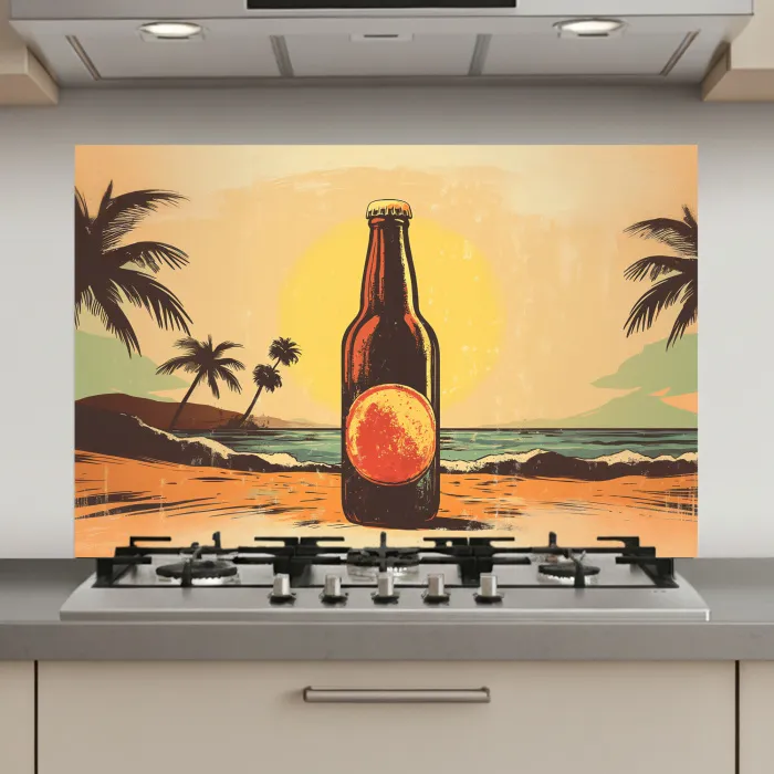 Bierfles - Zonsondergang - Palmbomen - Zee keuken achterwand spatscherm klein -3d_website