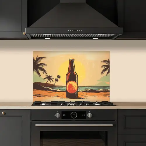 Bierfles - Zonsondergang - Palmbomen - Zee keuken achterwand spatscherm klein -sfeer1