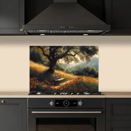 Bankje - Boom - Klaprozen - Heuvels keuken achterwand spatscherm klein -sfeer1