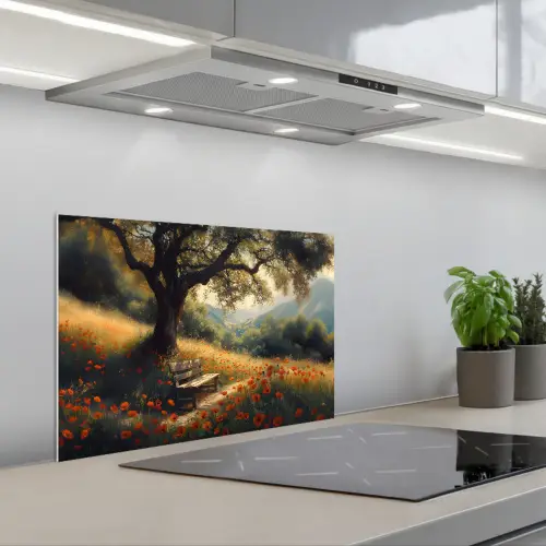 Bankje - Boom - Klaprozen - Heuvels keuken achterwand spatscherm klein -3d_schuin