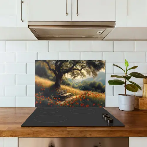 Bankje - Boom - Klaprozen - Heuvels keuken achterwand spatscherm klein -sfeer2
