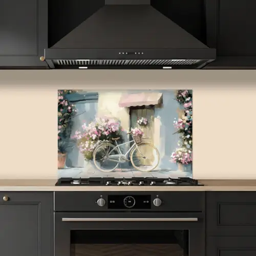 Fiets - Pastelkleuren - Bloemen keuken achterwand spatscherm klein -sfeer1