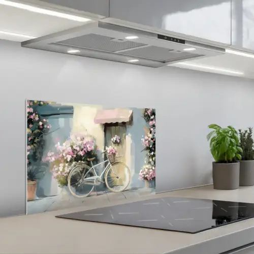 Fiets - Pastelkleuren - Bloemen keuken achterwand spatscherm klein -3d_schuin