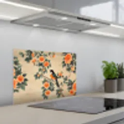Vogel - Tak - Bloemen - Oranje keuken achterwand spatscherm klein -3d_schuin