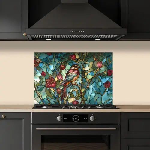 Vogel - Tak - Rozen - Mozaïek keuken achterwand spatscherm klein -sfeer1