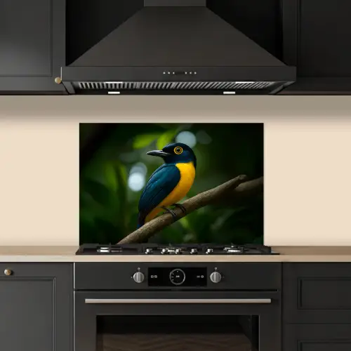 Vogel - Tak - Geel - Bladeren keuken achterwand spatscherm klein -sfeer1