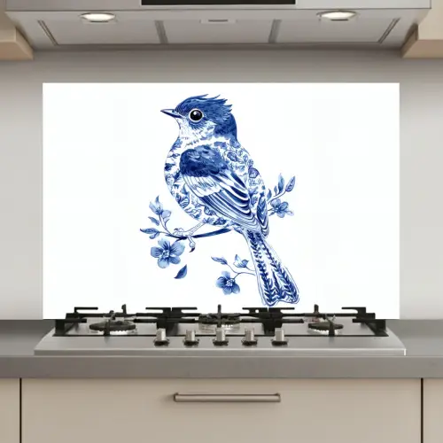 Vogel - Delfts blauw - Illustratie - Bloemen keuken achterwand spatscherm klein -3d_website