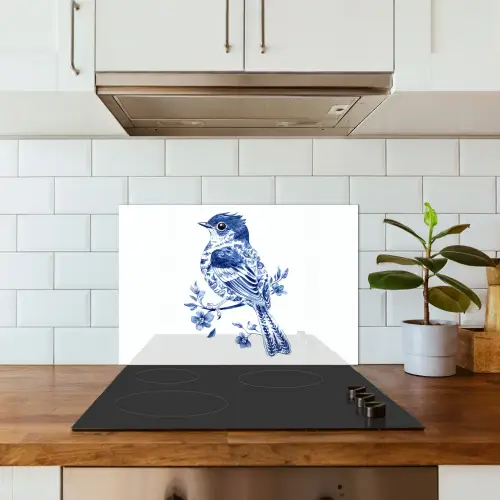 Vogel - Delfts blauw - Illustratie - Bloemen keuken achterwand spatscherm klein -sfeer2