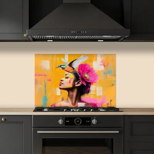 Vogel - Vrouw - Abstract - Bloem keuken achterwand spatscherm klein -sfeer1