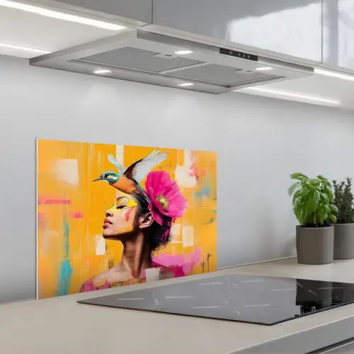 Vogel - Vrouw - Abstract - Bloem keuken achterwand spatscherm klein -3d_schuin