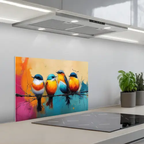 Vogels - Kleurrijk - Tak - Abstract keuken achterwand spatscherm klein -3d_schuin