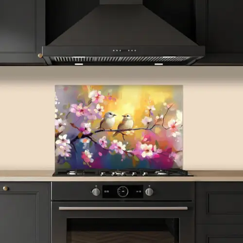 Vogels - Bloemen - Roze keuken achterwand spatscherm klein -sfeer1