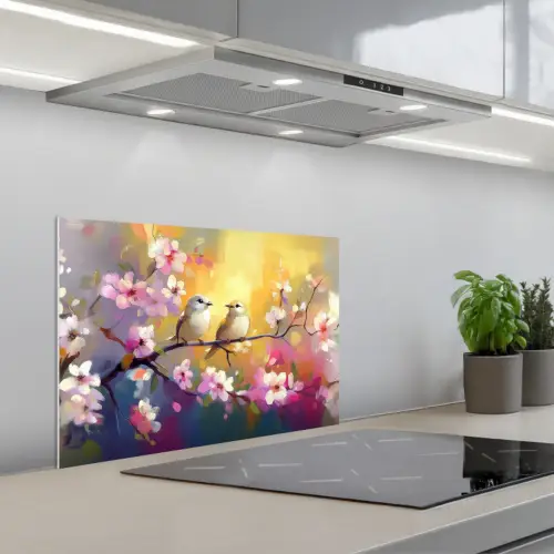 Vogels - Bloemen - Roze keuken achterwand spatscherm klein -3d_schuin