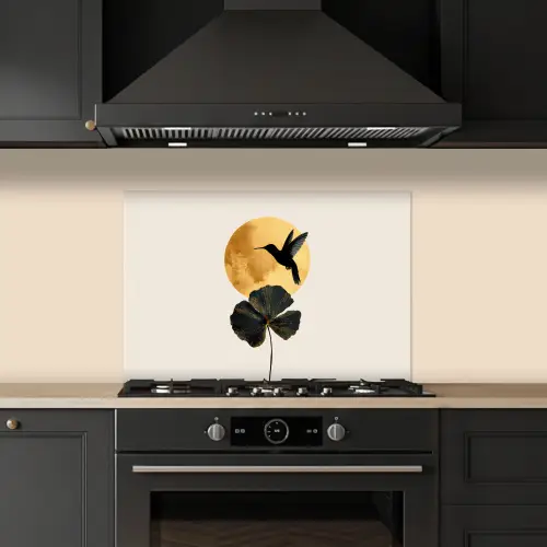 Zwarte kolibrie - Bloem - Gouden cirkel keuken achterwand spatscherm klein -sfeer1